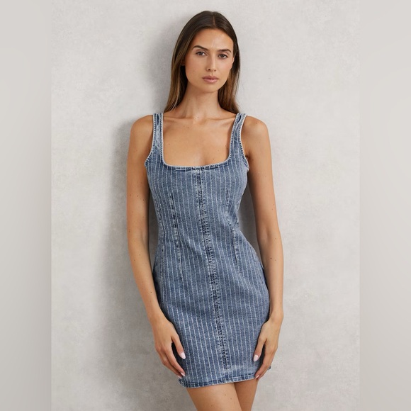 Good American Rhinestone Denim Mini Dress Indigo Blue Bodycon Size Small - Picture 2 of 12